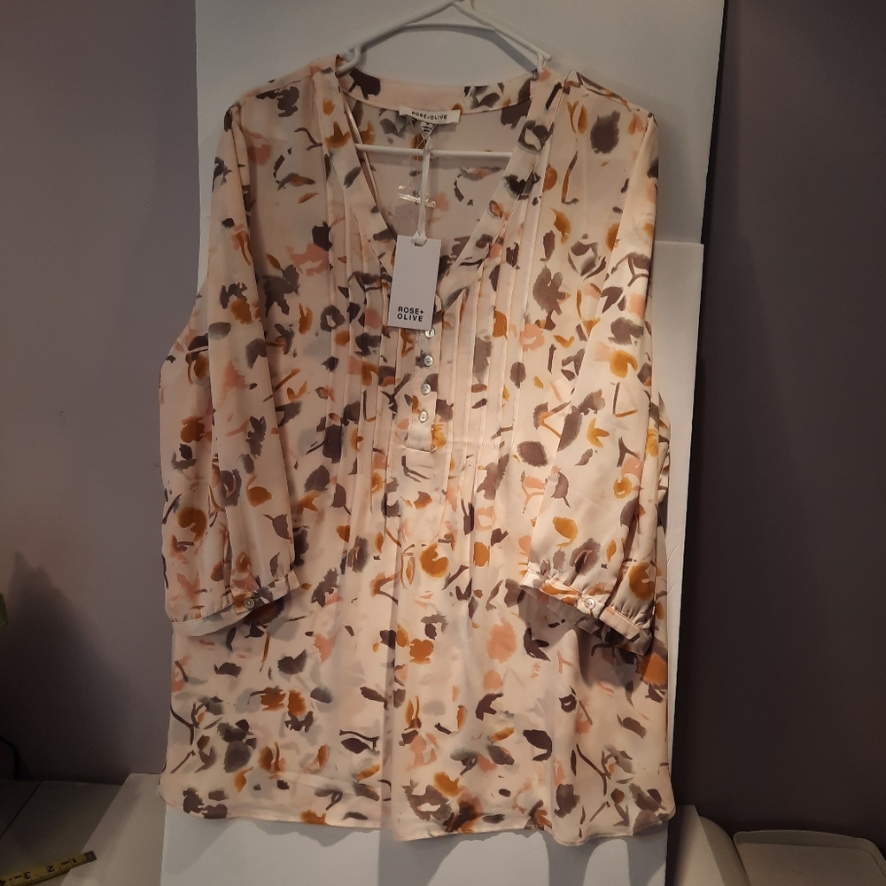 Rose & Olive Cream and Brown Floral Blouse, Sz 1X